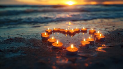 Romantic beach sunset with heart shaped candle arrangement for valentine's day celebration