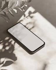Smartphone with blank screen and leaf shadows on minimalistic background