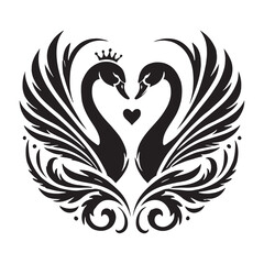 Fototapeta premium Two swans creating a heart shape, symbolizing eternal love - Swans silhouette - Swans vector - Swans illustration - valentine silhouette - love silhouette 