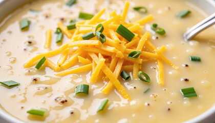 Creamy potato soup topped with shredded cheddar cheese and green onions