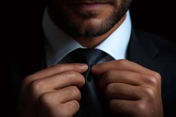 Businessman adjusting his tie in a dark environment