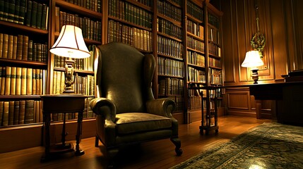 Library with armchair, lamps, books, desk, for study