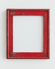 Empty red wooden picture frame against white wall
