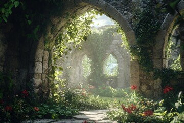 Fototapeta premium Sunlit stone arches with lush greenery and red flowers in ancient ruins