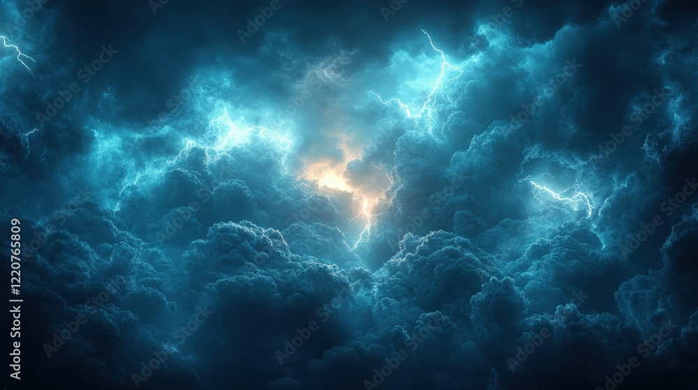 Poster dramatic dark sky with lightning and stormy clouds illuminating the atmosphere in a powerful and awe