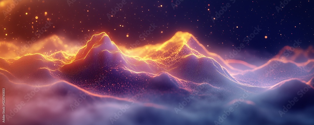 Poster abstract digital background with colorful glowing lines and dots forming an abstract mountain landsc