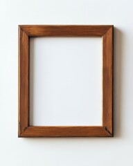 Empty brown wooden frame on white wall background