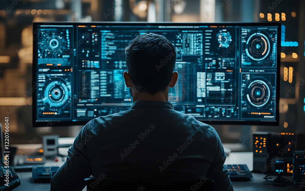 Poster advanced cybersecurity, data protection systems, man studying big data on a screen, secure network, 