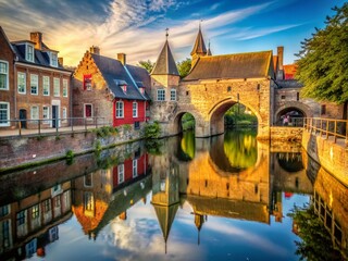 Fototapeta premium Historic De Koppelpoort Water Gate, Amersfoort, Netherlands - Medieval Architecture, Canal, Cityscape