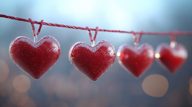 Sparkling hearts hanging on a line for valentine's day decor and celebration
