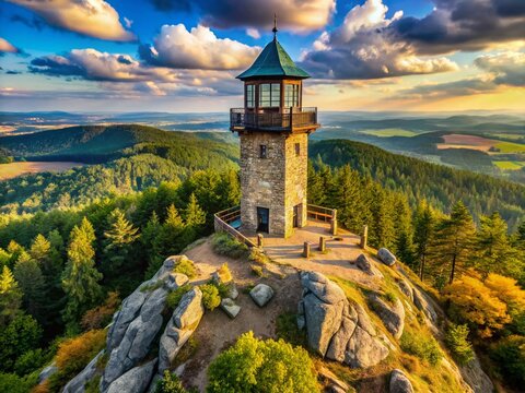 Historic Stone Lookout Tower atop Bohemian Mountain, Blansky Forest, Czech Republic