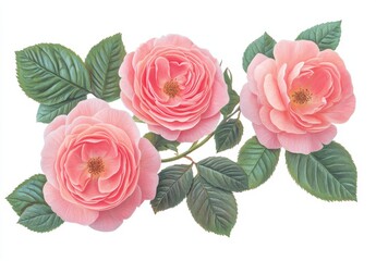 Naklejka premium Three pink roses with green leaves on a crisp white background