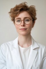 Obraz premium Confident female doctor in white lab coat and glasses