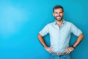 A man in a blue shirt stands with hands on hips, smiling