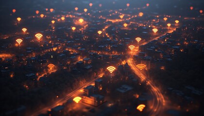 Citywide wireless communication network, WiFienabled smart city, digital infrastructure, future urban planning, glowing WiFi icons, techdriven city, ultradetailed, photorealistic