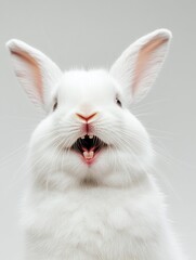 Obraz premium cute animal pet rabbit or bunny white color smiling and laughing isolated with copy space for easter background