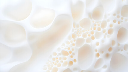 Abstract organic pattern with soft rounded perforations in a white and beige gradient, resembling a microscopic structure or biological texture for modern design concepts. Selective focus