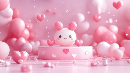 Cute bunny figurine on pink podium surrounded by heart balloons for valentine's day decoration