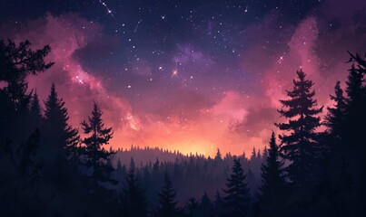 Fototapeta premium A beautiful galaxy shines in the night sky with tall trees in the foreground