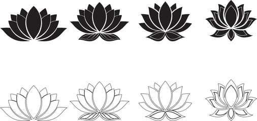 Vector black lotus icons set on white background. Lotus plant. Lotus flower and outline vector