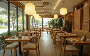 Obraz premium This is a restaurant that features tables, chairs, and many windows