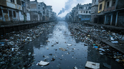 Polluted River Running Through Crowded Urban Area with Debris and Smoke in the Background