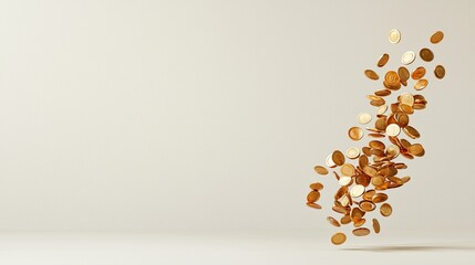 A dynamic scattering of coins against a minimalist background, emphasizing finance, wealth, and movement.