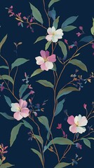 Purple flowers and green leaves pattern illustration poster background