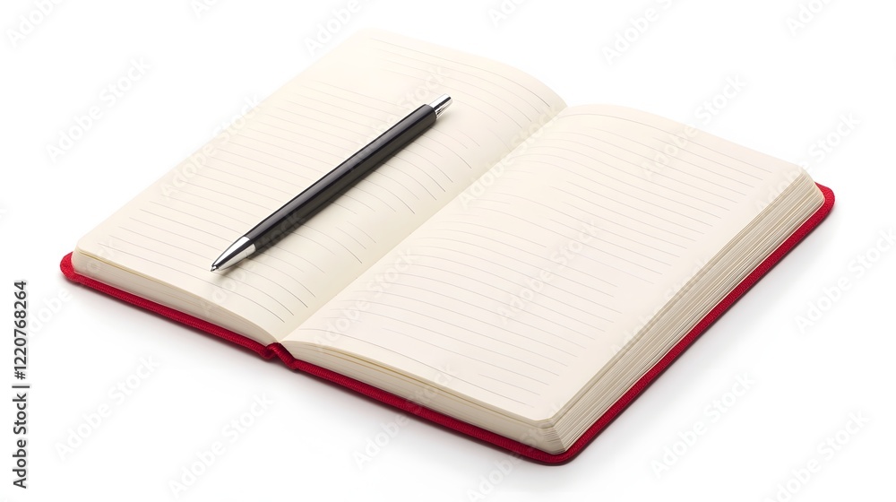 Poster open notebook and pen on minimalist white background for productivity