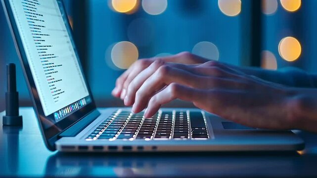 Fingers swiftly typing on a laptop keyboard, illuminated by soft natural light.