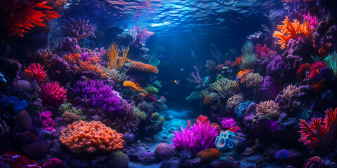 Vibrant coral formations create a lively habitat for various fish species and marine organisms, showcasing the beauty of ocean ecosystems in crystal-clear waters