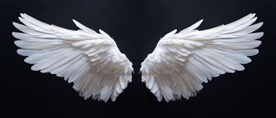 A beautiful pair of white angel wings stands out against a dark background