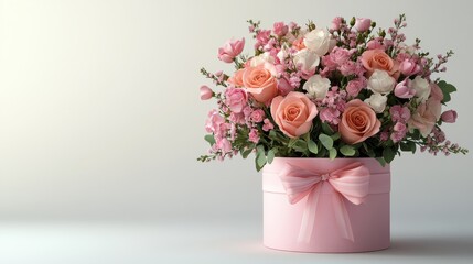 Naklejka premium Elegant bouquet of pink and white flowers in a decorative box for romantic occasions