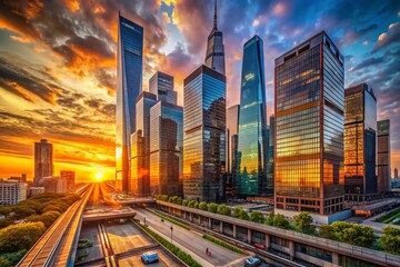 Fototapeta premium Hudson Yards Sunset: Modern Skyscrapers & City Lights at Dusk