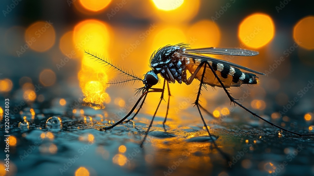 Poster close-up of a mosquito on a wet surface, illuminated by glowing bokeh lights in the background