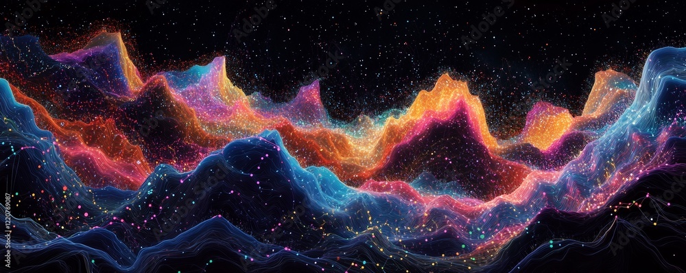 Aufkleber an abstract digital data visualization of colorful lines and glowing dots forming the shape of mount
