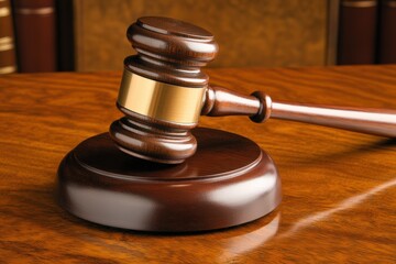 Wooden judge's gavel on desk in courtroom setting