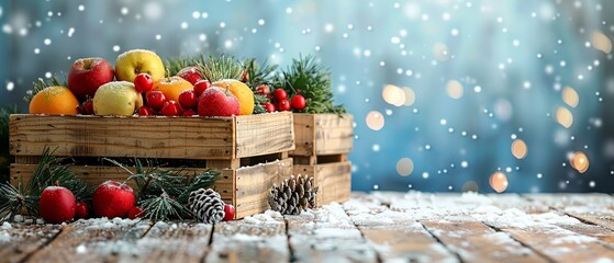 Close-up of an agricultural market booth featuring wooden boxes and fresh winter produce with ample space for backdrop or textual content, Generative AI.