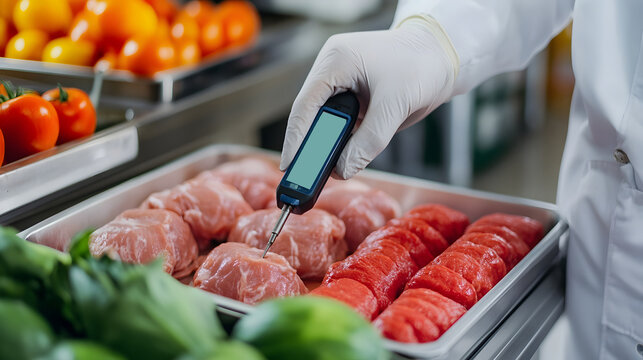Inspector Checking Food Temperature with Digital Thermometer for Safety and