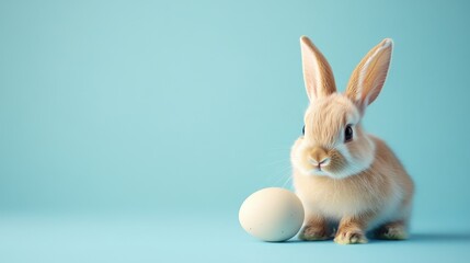 Obraz premium A cute easter bunny with an easter egg on a blue background with copy space, an abstract poster for sales and marketing
