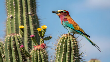 Obraz premium A vivid and colorful bird perched gracefully on a tall cactus, set against a clear blue sky