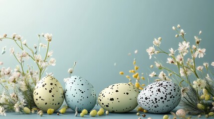 Fototapeta premium happy easter greeting with decorative eggs and spring foliage