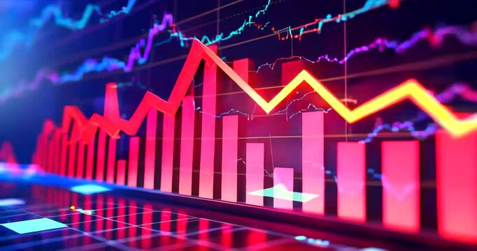 Market Crash Red graph falls, stock market data background