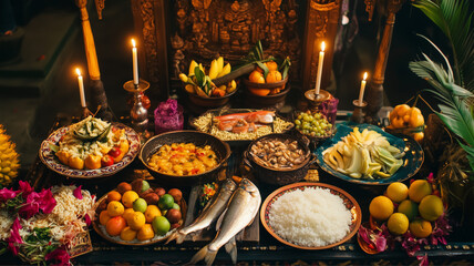 Ancestor veneration ritual with offering table full of traditional foods such as fruits, fish, and rice, candles burning on the altar. AI generated images.	