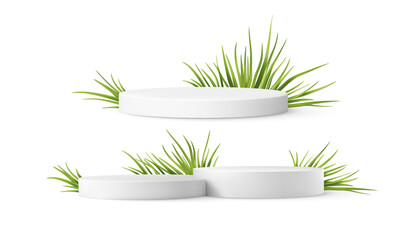 Product Podium Display Stands with Green Fresh Grass Plant Isolated on the White Background © vik_y