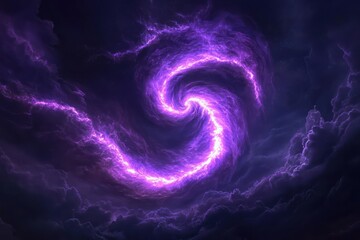 Obraz premium A surreal tornado of glowing electric-purple plasma spiraling against a dark cosmic sky