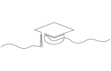 One continuous line drawing of graduation cap, hand drawn line art vector illustration. Continuous cap one line art drawing of graduation hat concept outline vector.