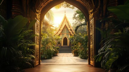 Fototapeta premium Vibrant Temple Courtyard with Cultural Architecture