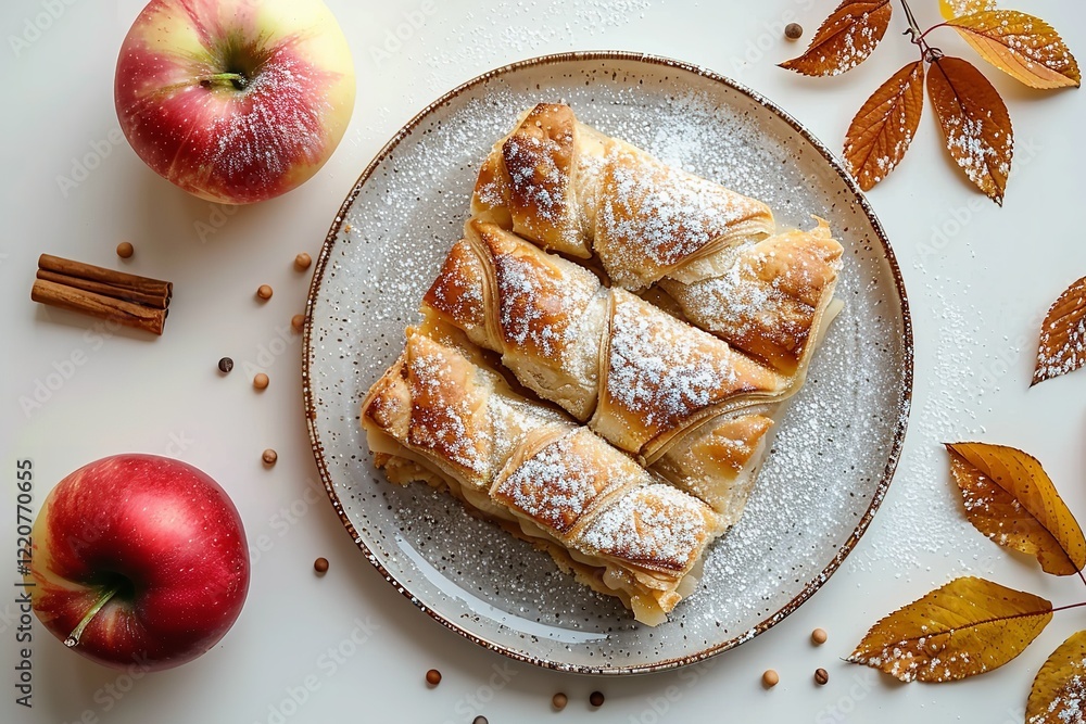 Poster a close-up of sliced apple strudel on a platter against a stark white background having plenty of ro