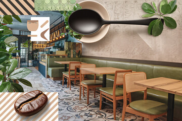 Trendy Coffee Shop Interior Design with Green Accents. A vibrant collage showcasing the essence of a modern cafe, blending elements of interior design, coffee culture, and natural textures. 